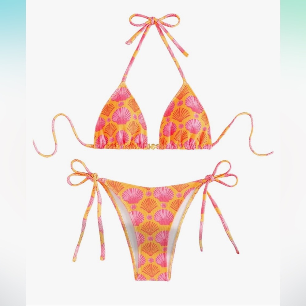 SHEIN Pink and Orange Triangle Halter Bikini Set Seashells Beach Ocean